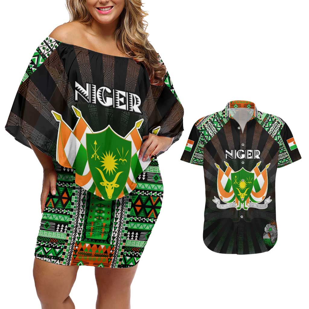 Personalized Niger Roots Couples Matching Off Shoulder Short Dress and Hawaiian Shirt African Map in Fingerprint and Tribal Colors