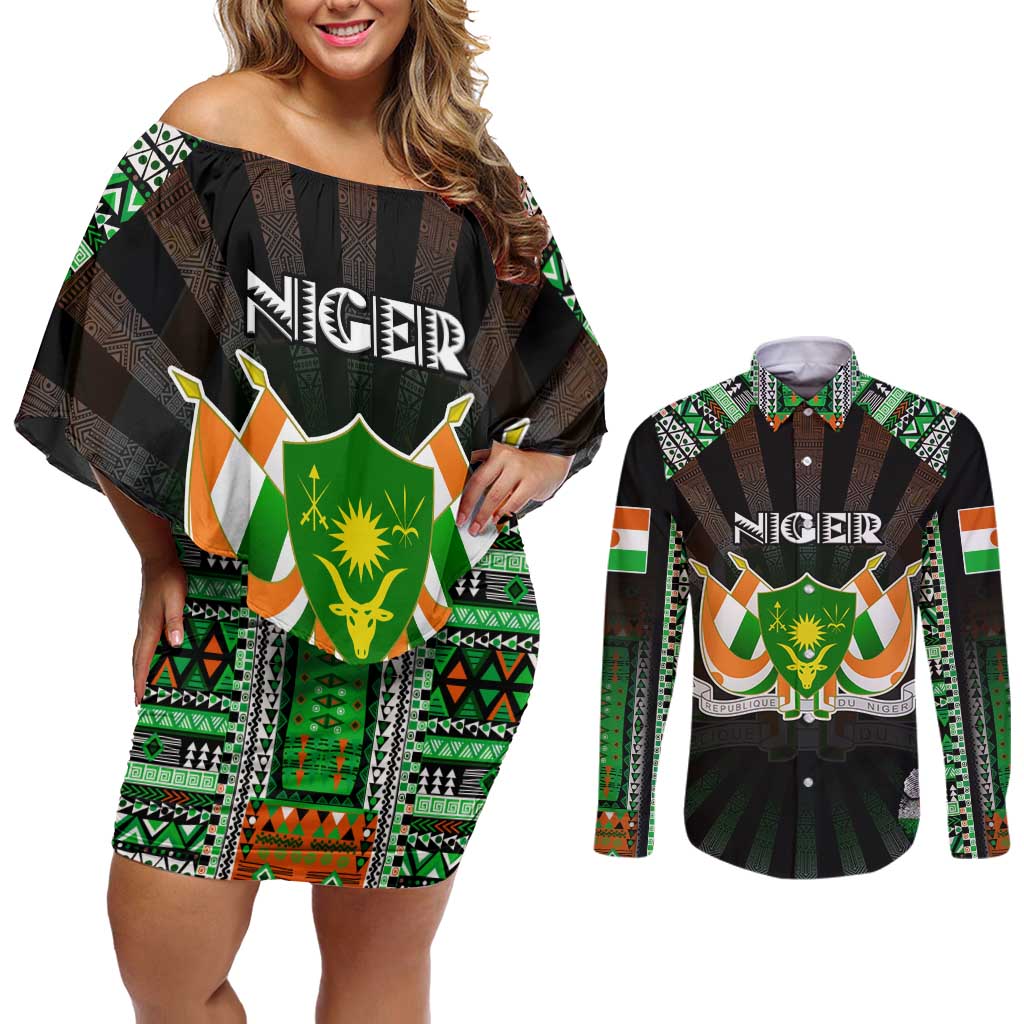 Personalized Niger Roots Couples Matching Off Shoulder Short Dress and Long Sleeve Button Shirt African Map in Fingerprint and Tribal Colors