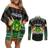 Personalized Niger Roots Couples Matching Off Shoulder Short Dress and Long Sleeve Button Shirt African Map in Fingerprint and Tribal Colors