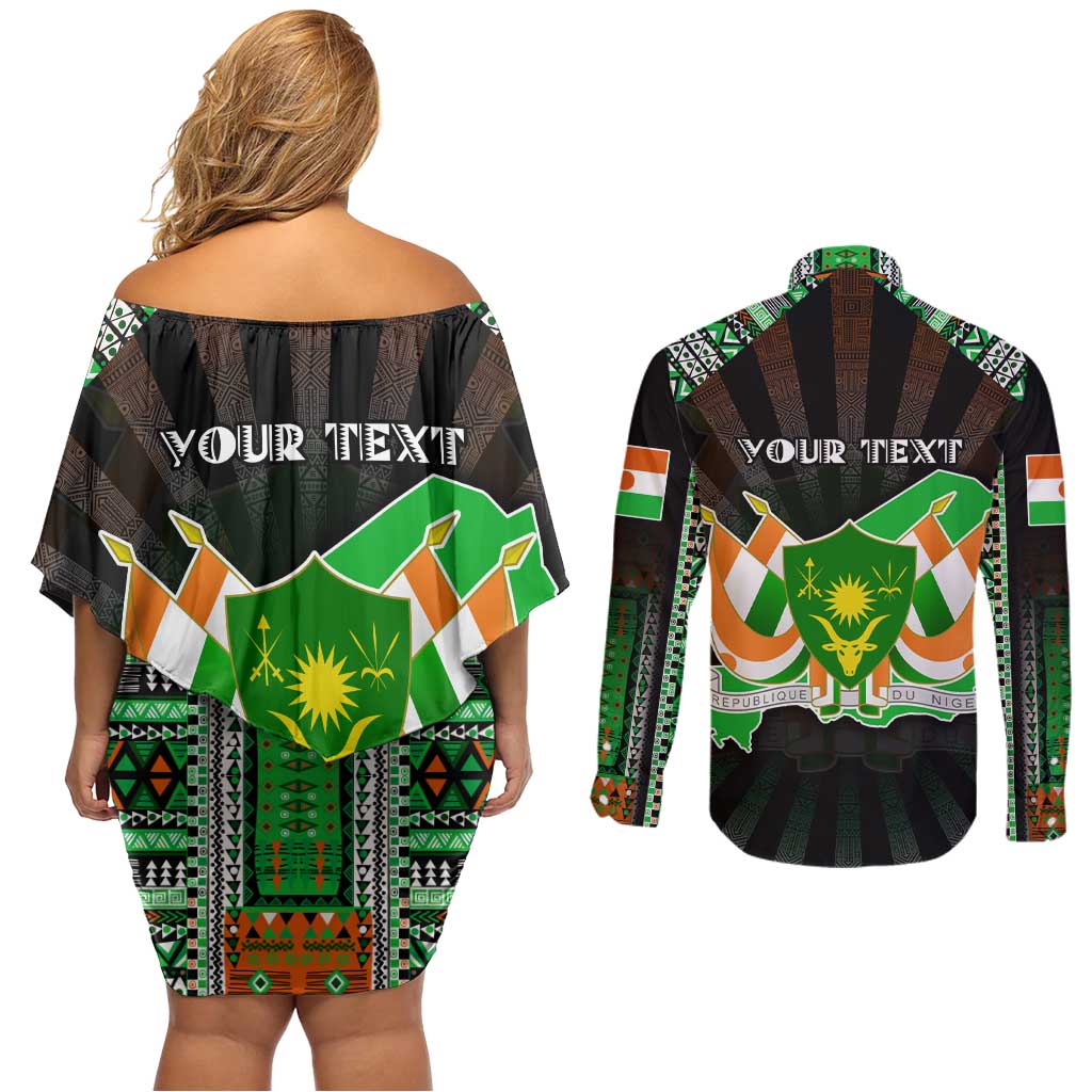Personalized Niger Roots Couples Matching Off Shoulder Short Dress and Long Sleeve Button Shirt African Map in Fingerprint and Tribal Colors