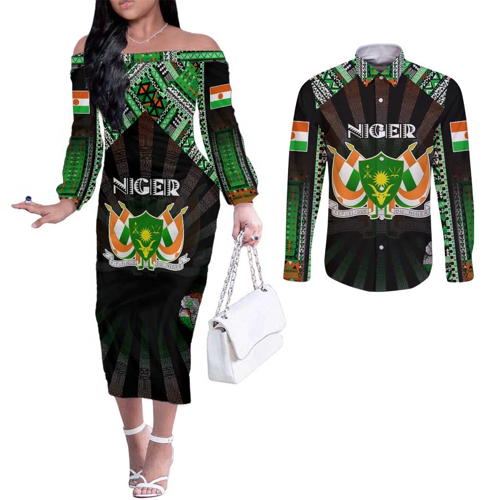 Personalized Niger Roots Couples Matching Off The Shoulder Long Sleeve Dress and Long Sleeve Button Shirt African Map in Fingerprint and Tribal Colors