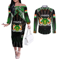 Personalized Niger Roots Couples Matching Off The Shoulder Long Sleeve Dress and Long Sleeve Button Shirt African Map in Fingerprint and Tribal Colors