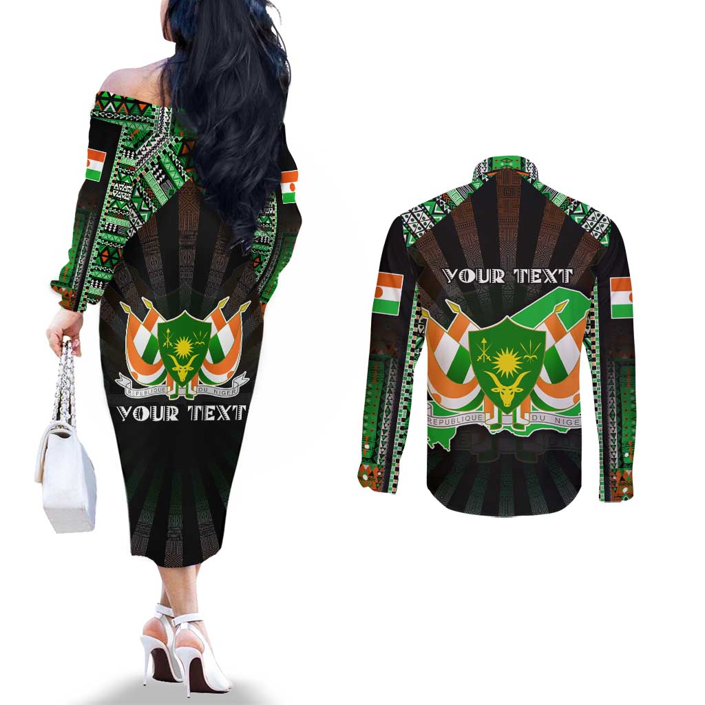 Personalized Niger Roots Couples Matching Off The Shoulder Long Sleeve Dress and Long Sleeve Button Shirt African Map in Fingerprint and Tribal Colors
