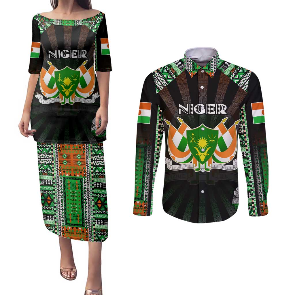 Personalized Niger Roots Couples Matching Puletasi and Long Sleeve Button Shirt African Map in Fingerprint and Tribal Colors