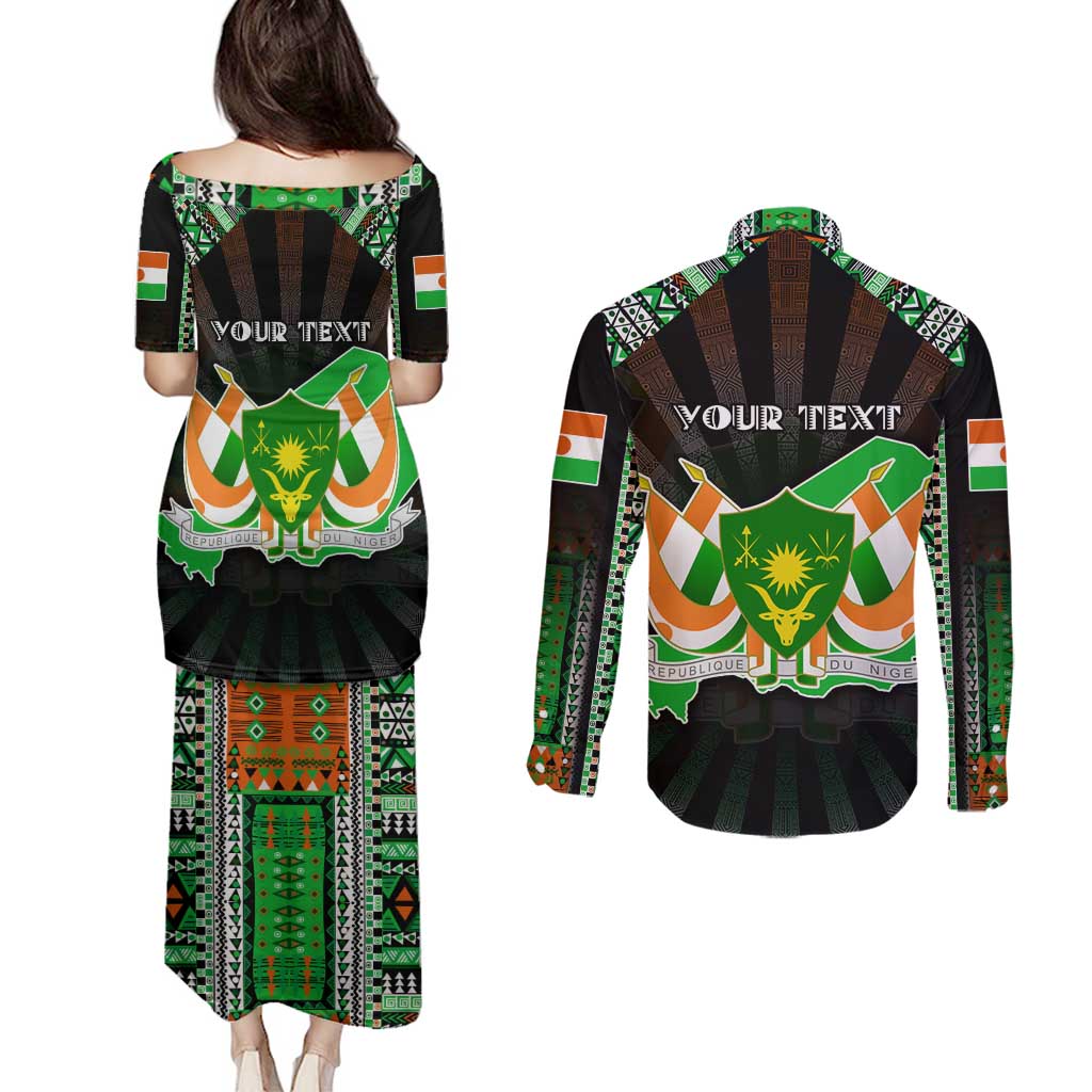 Personalized Niger Roots Couples Matching Puletasi and Long Sleeve Button Shirt African Map in Fingerprint and Tribal Colors