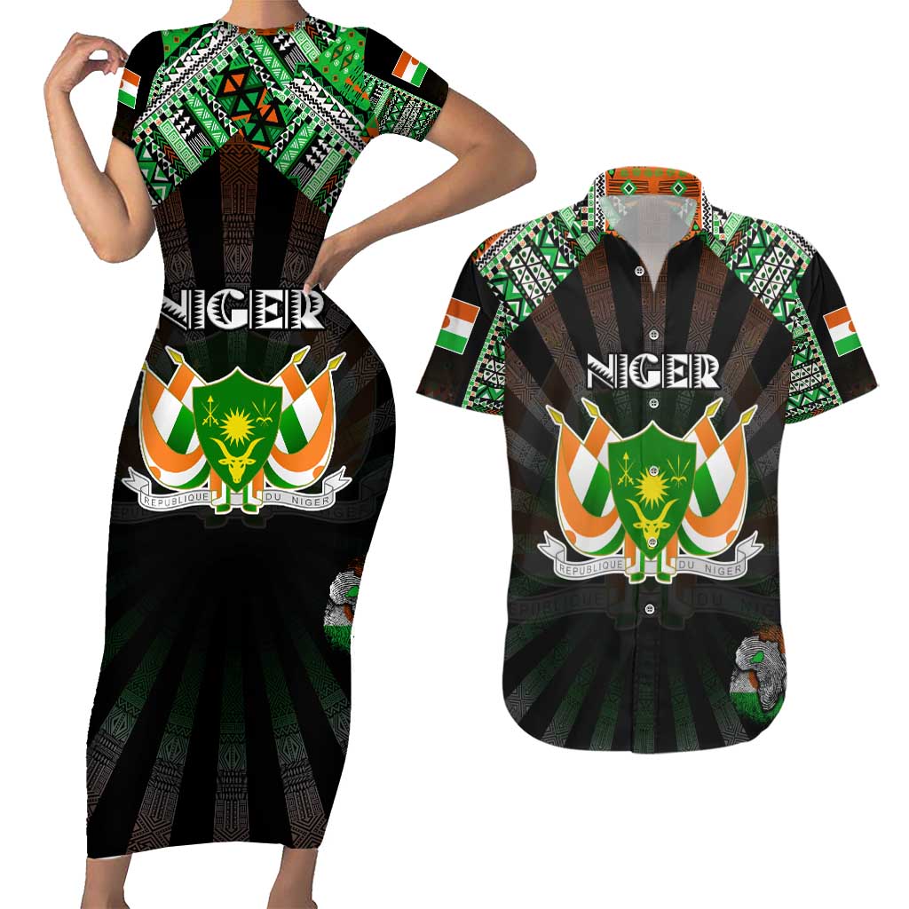 Personalized Niger Roots Couples Matching Short Sleeve Bodycon Dress and Hawaiian Shirt African Map in Fingerprint and Tribal Colors