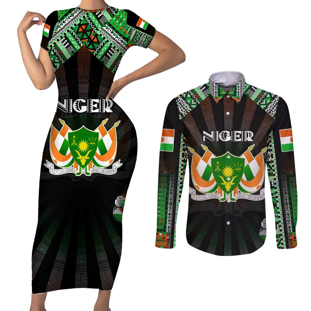 Personalized Niger Roots Couples Matching Short Sleeve Bodycon Dress and Long Sleeve Button Shirt African Map in Fingerprint and Tribal Colors