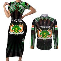 Personalized Niger Roots Couples Matching Short Sleeve Bodycon Dress and Long Sleeve Button Shirt African Map in Fingerprint and Tribal Colors