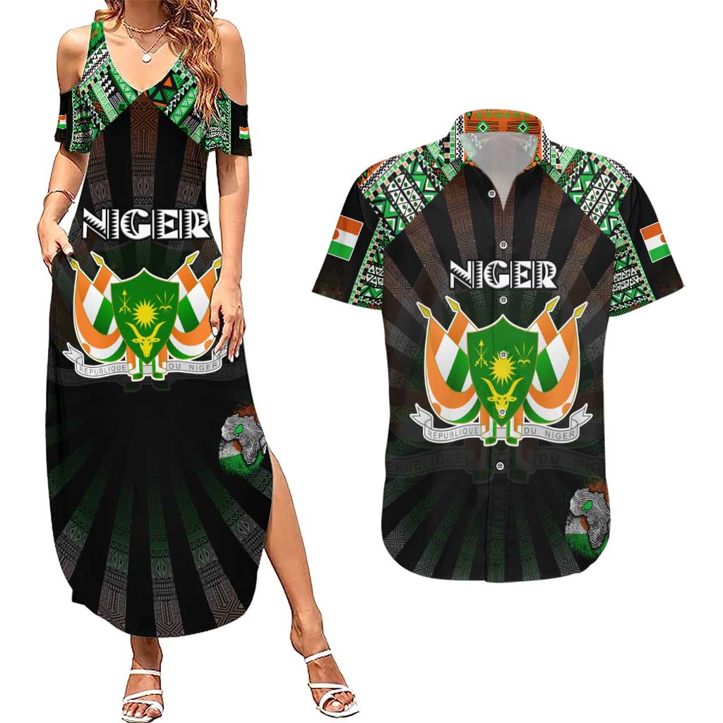 Personalized Niger Roots Couples Matching Summer Maxi Dress and Hawaiian Shirt African Map in Fingerprint and Tribal Colors