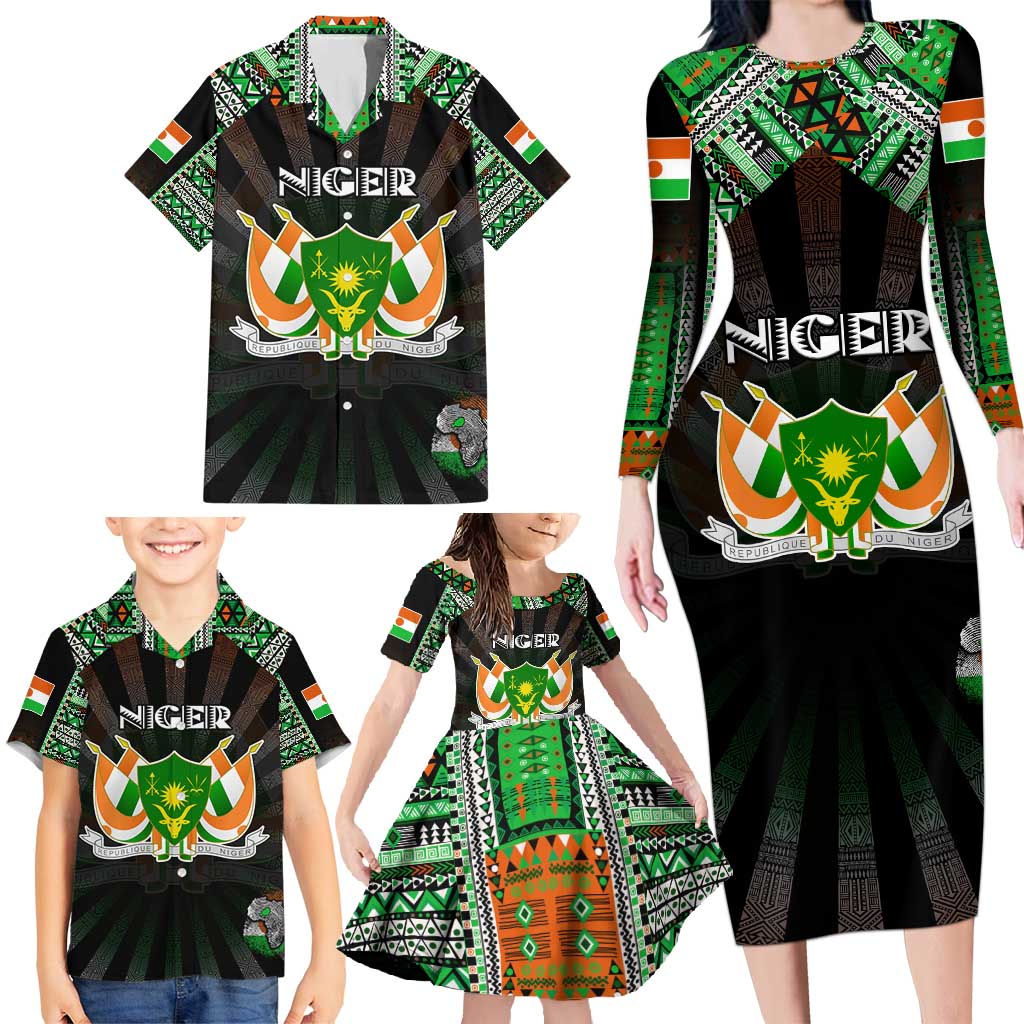 Personalized Niger Roots Family Matching Long Sleeve Bodycon Dress and Hawaiian Shirt African Map in Fingerprint and Tribal Colors