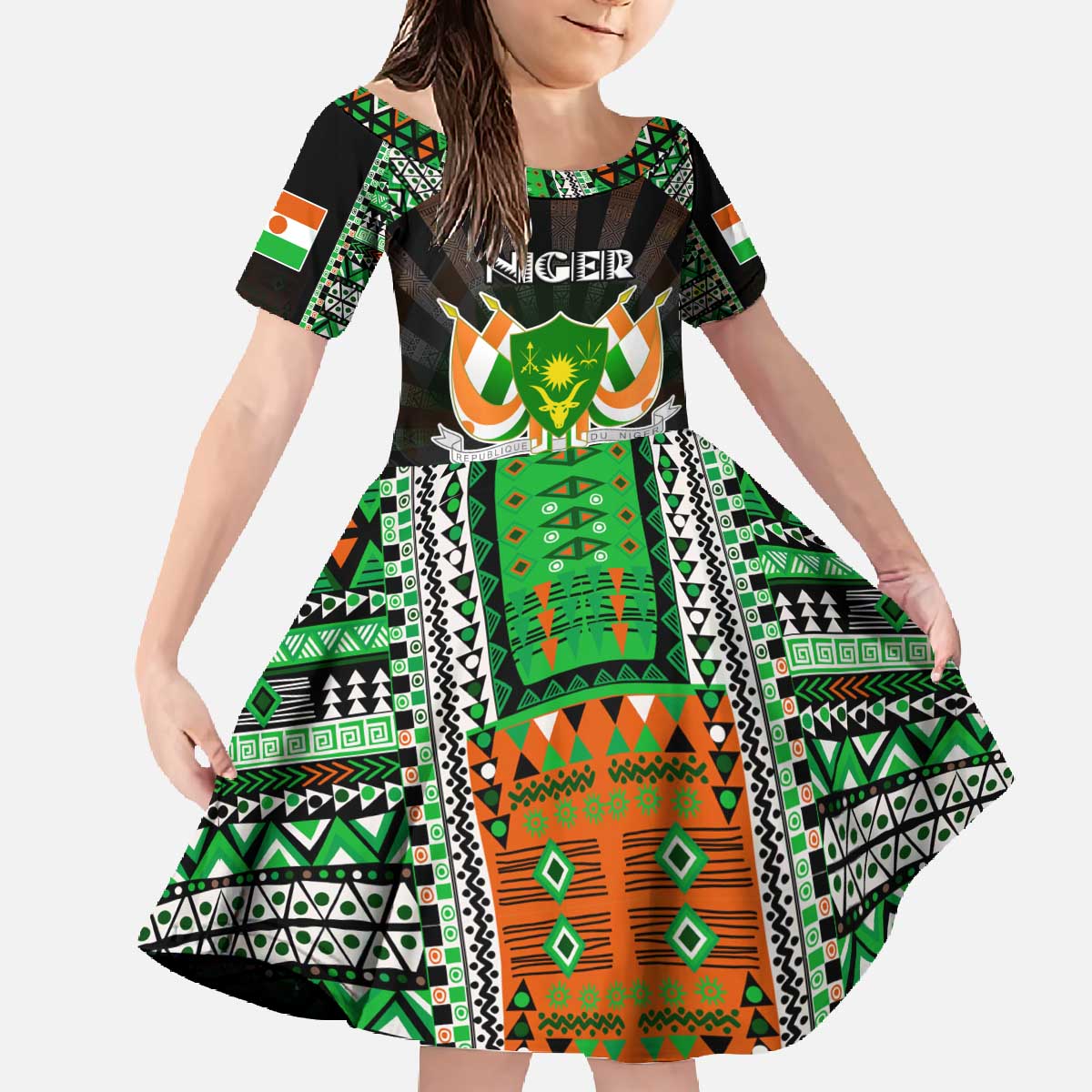 Personalized Niger Roots Family Matching Off The Shoulder Long Sleeve Dress and Hawaiian Shirt African Map in Fingerprint and Tribal Colors