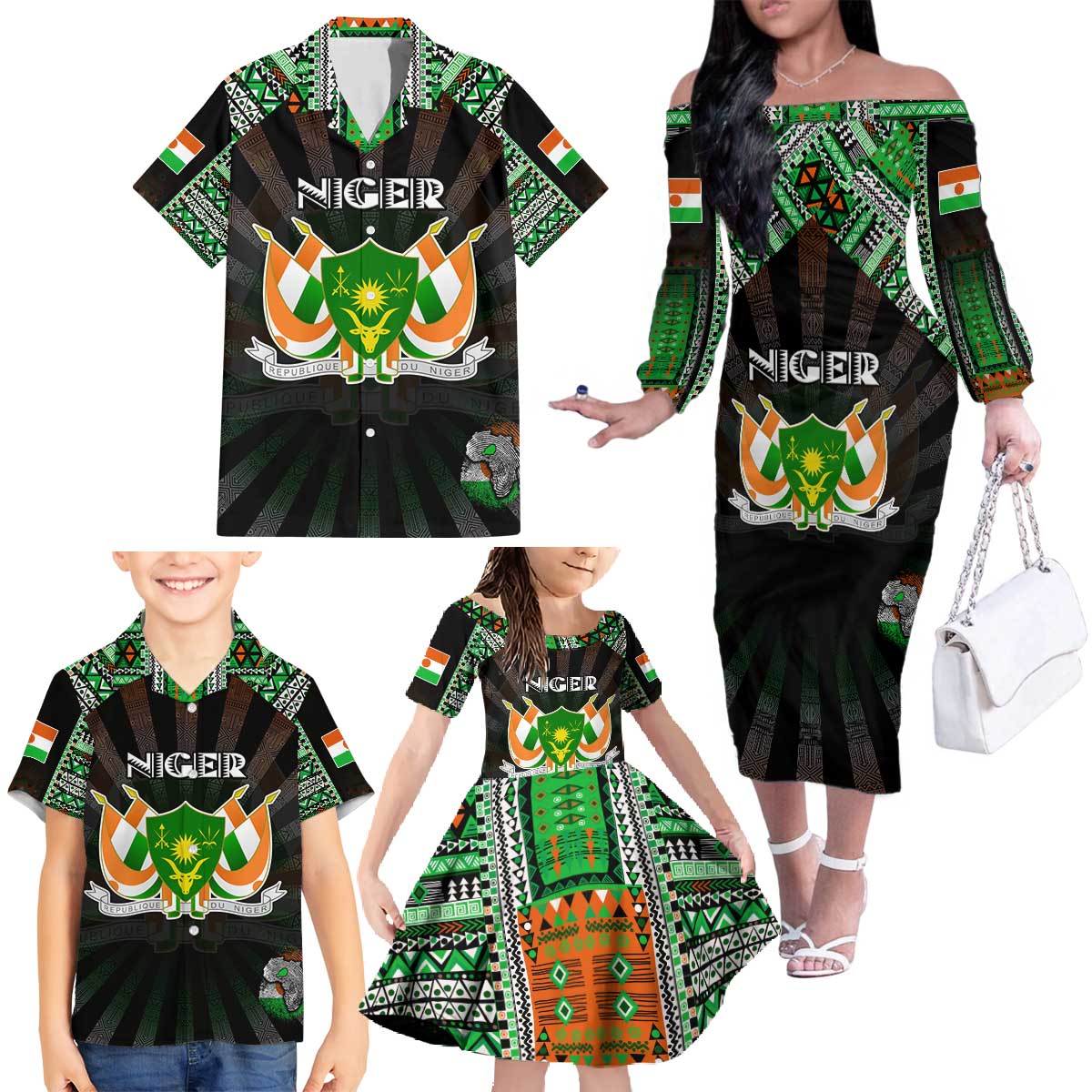 Personalized Niger Roots Family Matching Off The Shoulder Long Sleeve Dress and Hawaiian Shirt African Map in Fingerprint and Tribal Colors