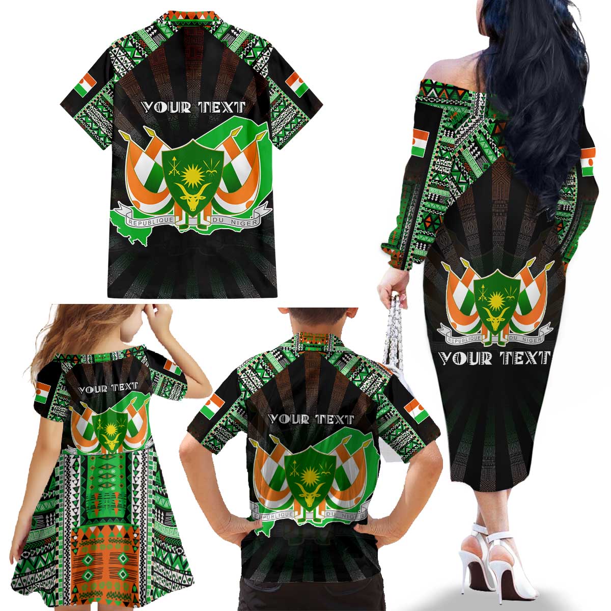 Personalized Niger Roots Family Matching Off The Shoulder Long Sleeve Dress and Hawaiian Shirt African Map in Fingerprint and Tribal Colors