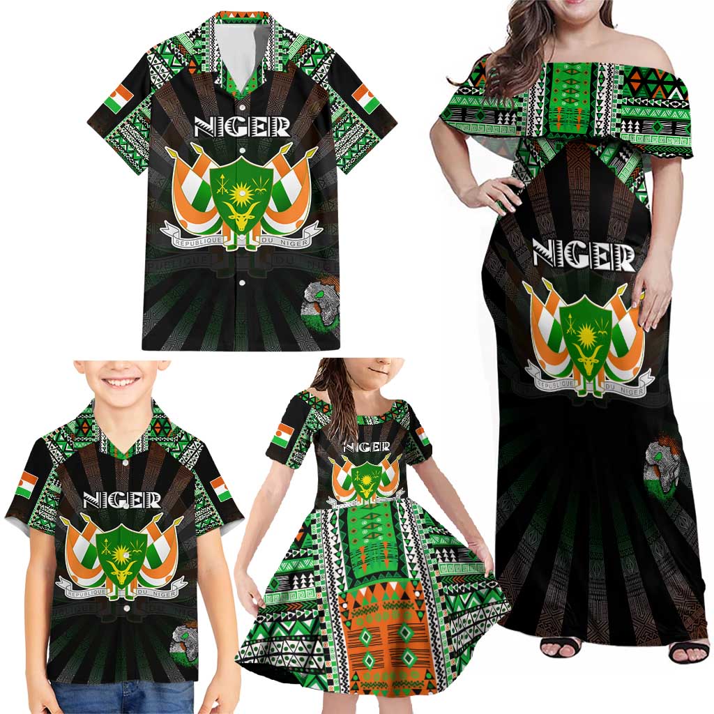 Personalized Niger Roots Family Matching Off Shoulder Maxi Dress and Hawaiian Shirt African Map in Fingerprint and Tribal Colors