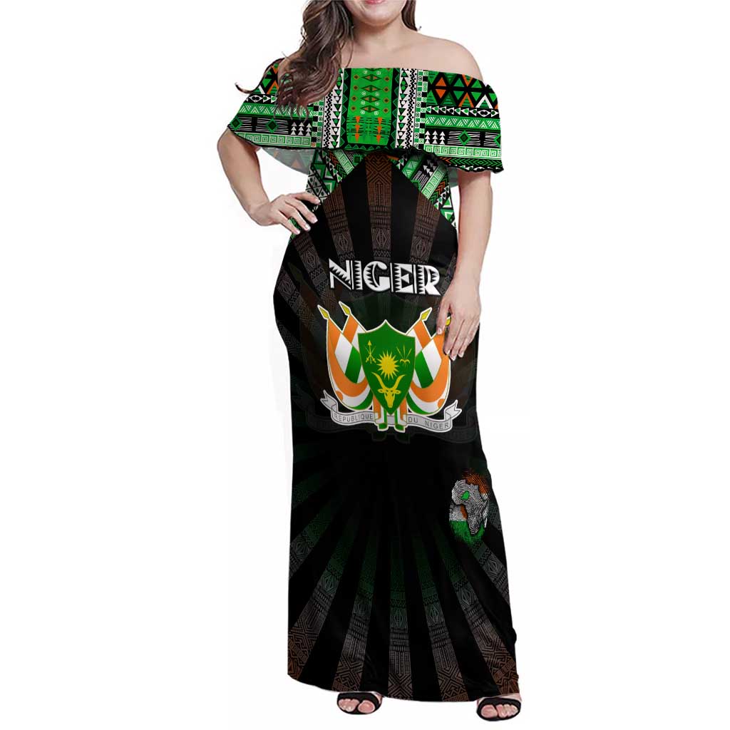 Personalized Niger Roots Family Matching Off Shoulder Maxi Dress and Hawaiian Shirt African Map in Fingerprint and Tribal Colors