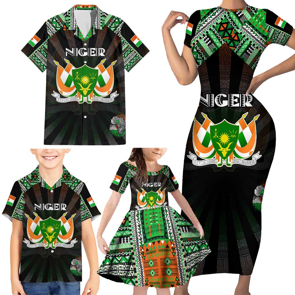 Personalized Niger Roots Family Matching Short Sleeve Bodycon Dress and Hawaiian Shirt African Map in Fingerprint and Tribal Colors