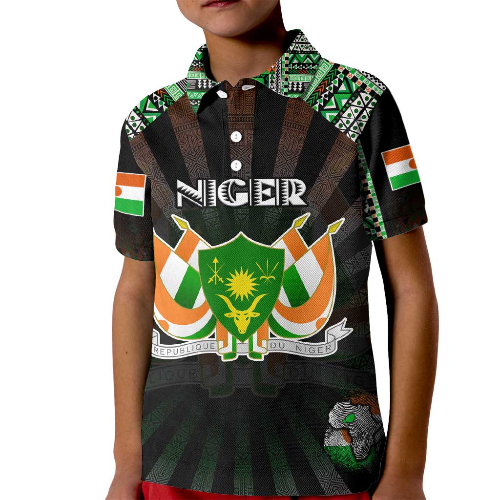 Personalized Niger Roots Kid Polo Shirt African Map in Fingerprint and Tribal Colors