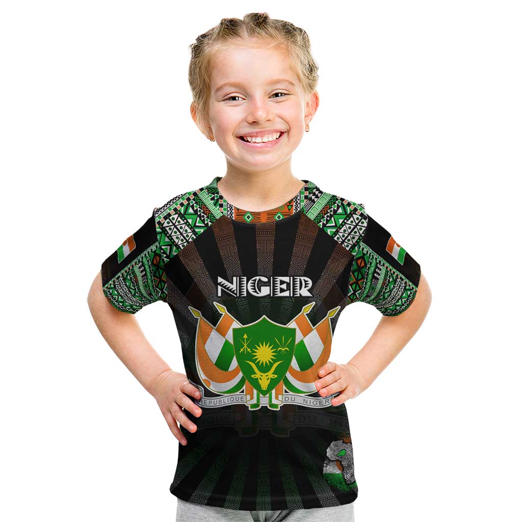 Personalized Niger Roots Kid T Shirt African Map in Fingerprint and Tribal Colors
