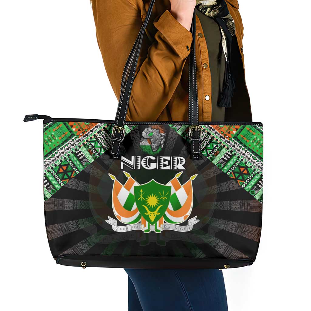 Niger Roots Leather Tote Bag African Map in Fingerprint and Tribal Colors