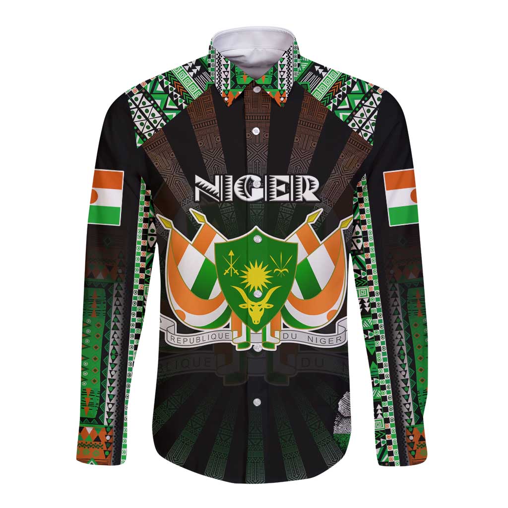 Personalized Niger Roots Long Sleeve Button Shirt African Map in Fingerprint and Tribal Colors