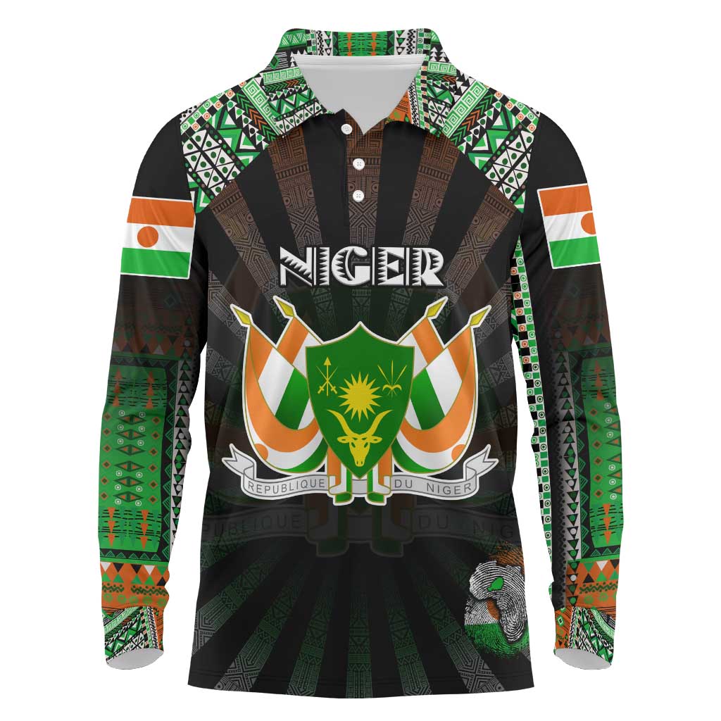 Personalized Niger Roots Long Sleeve Polo Shirt African Map in Fingerprint and Tribal Colors