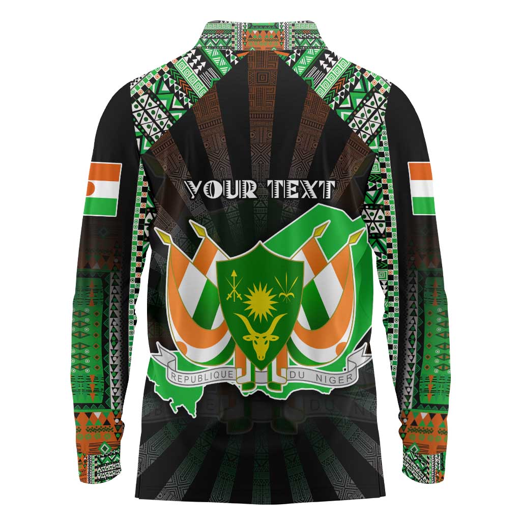 Personalized Niger Roots Long Sleeve Polo Shirt African Map in Fingerprint and Tribal Colors