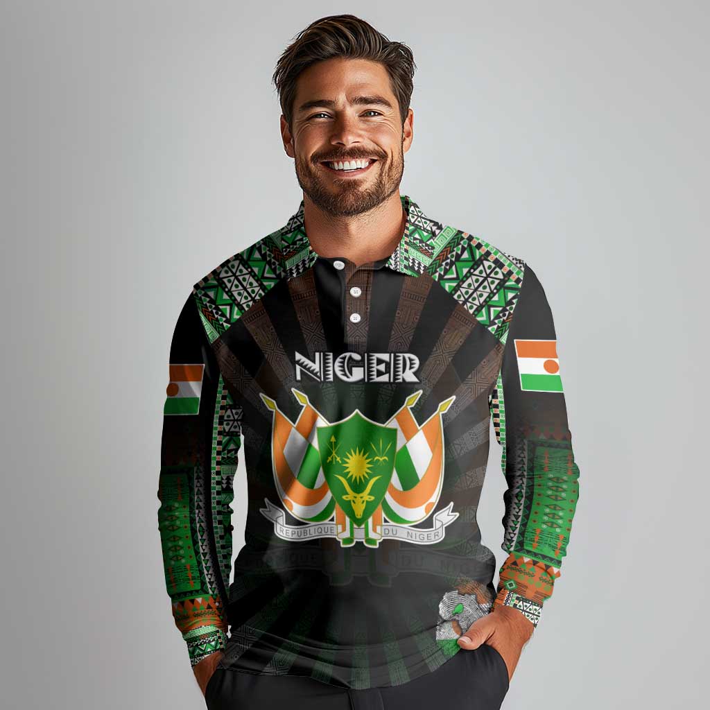 Personalized Niger Roots Long Sleeve Polo Shirt African Map in Fingerprint and Tribal Colors