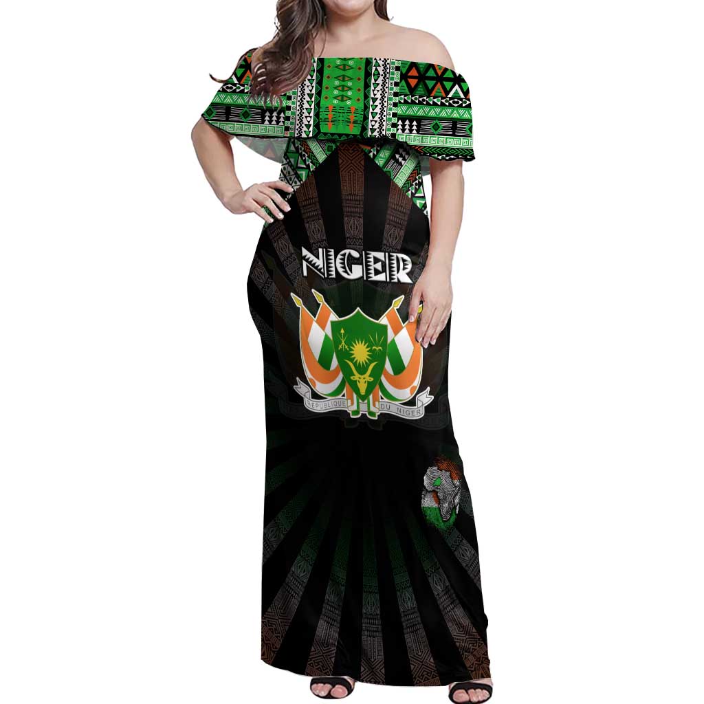 Personalized Niger Roots Off Shoulder Maxi Dress African Map in Fingerprint and Tribal Colors