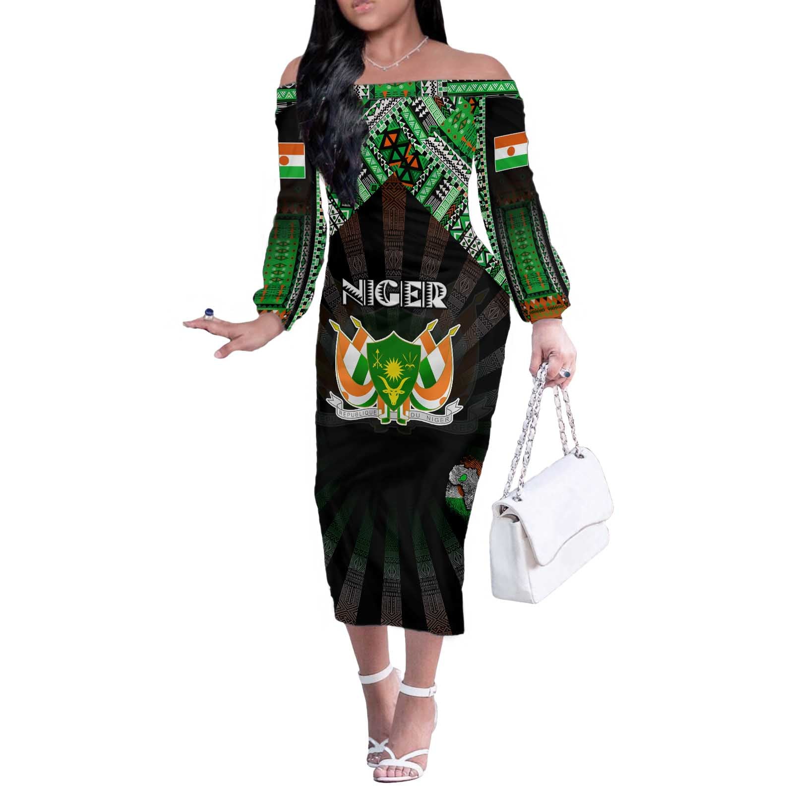 Personalized Niger Roots Off The Shoulder Long Sleeve Dress African Map in Fingerprint and Tribal Colors
