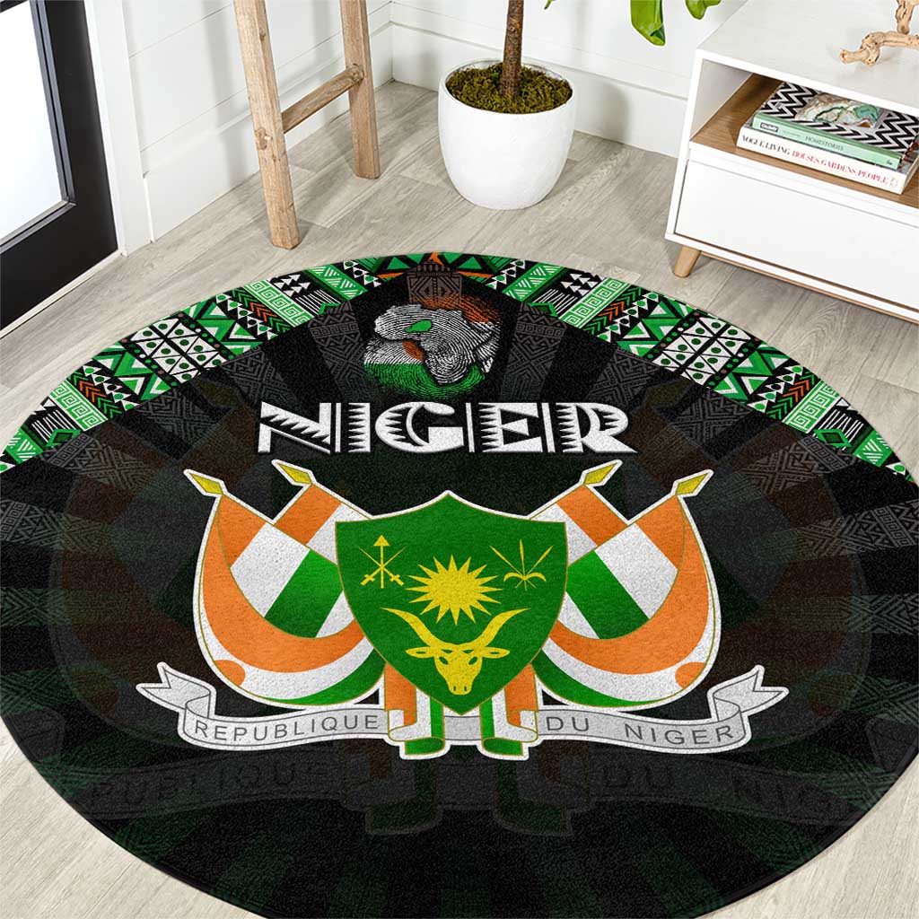 Niger Roots Round Carpet African Map in Fingerprint and Tribal Colors