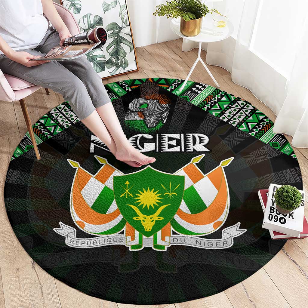 Niger Roots Round Carpet African Map in Fingerprint and Tribal Colors