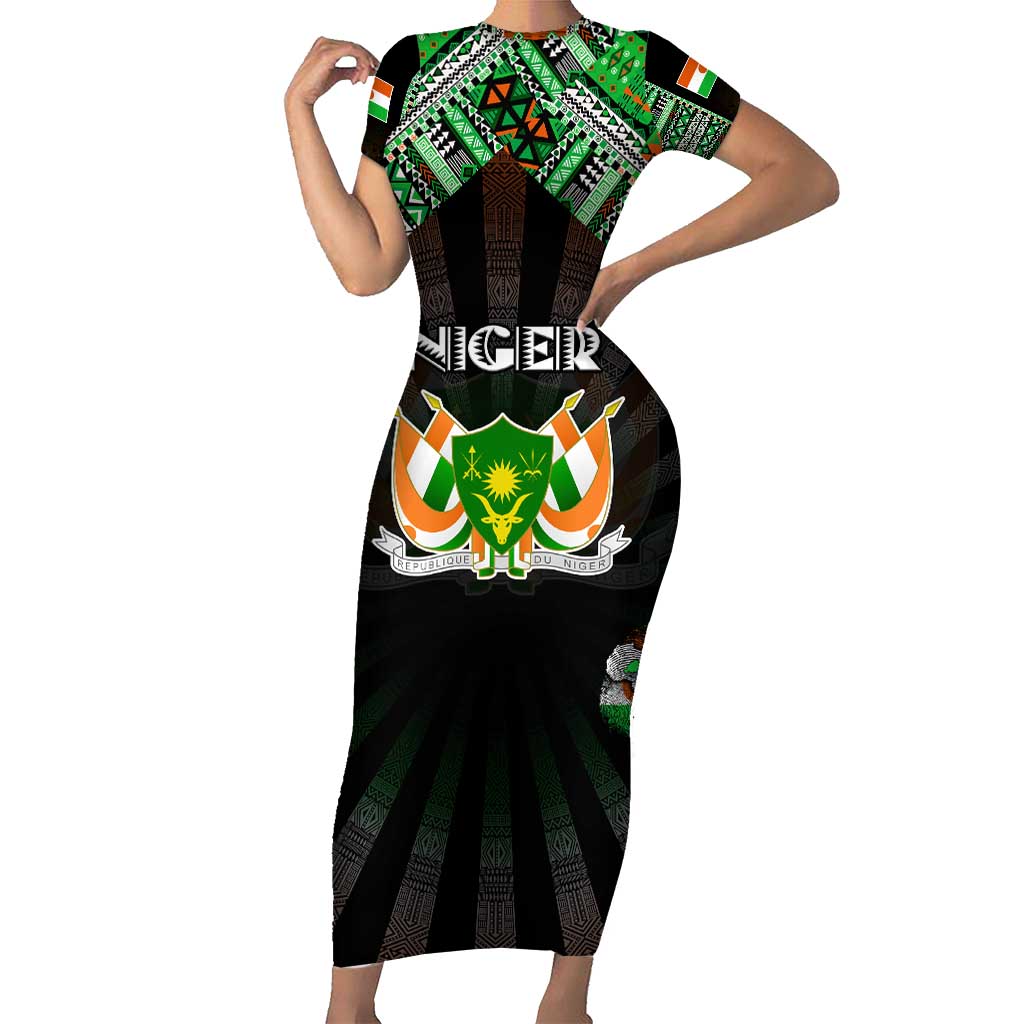 Personalized Niger Roots Short Sleeve Bodycon Dress African Map in Fingerprint and Tribal Colors