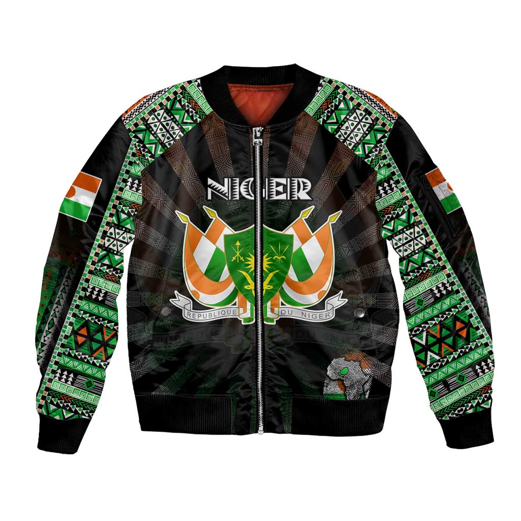 Personalized Niger Roots Sleeve Zip Bomber Jacket African Map in Fingerprint and Tribal Colors