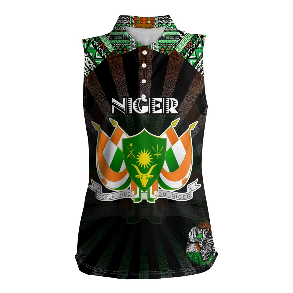 Personalized Niger Roots Women Sleeveless Polo Shirt African Map in Fingerprint and Tribal Colors