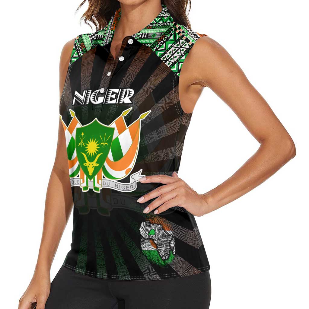 Personalized Niger Roots Women Sleeveless Polo Shirt African Map in Fingerprint and Tribal Colors