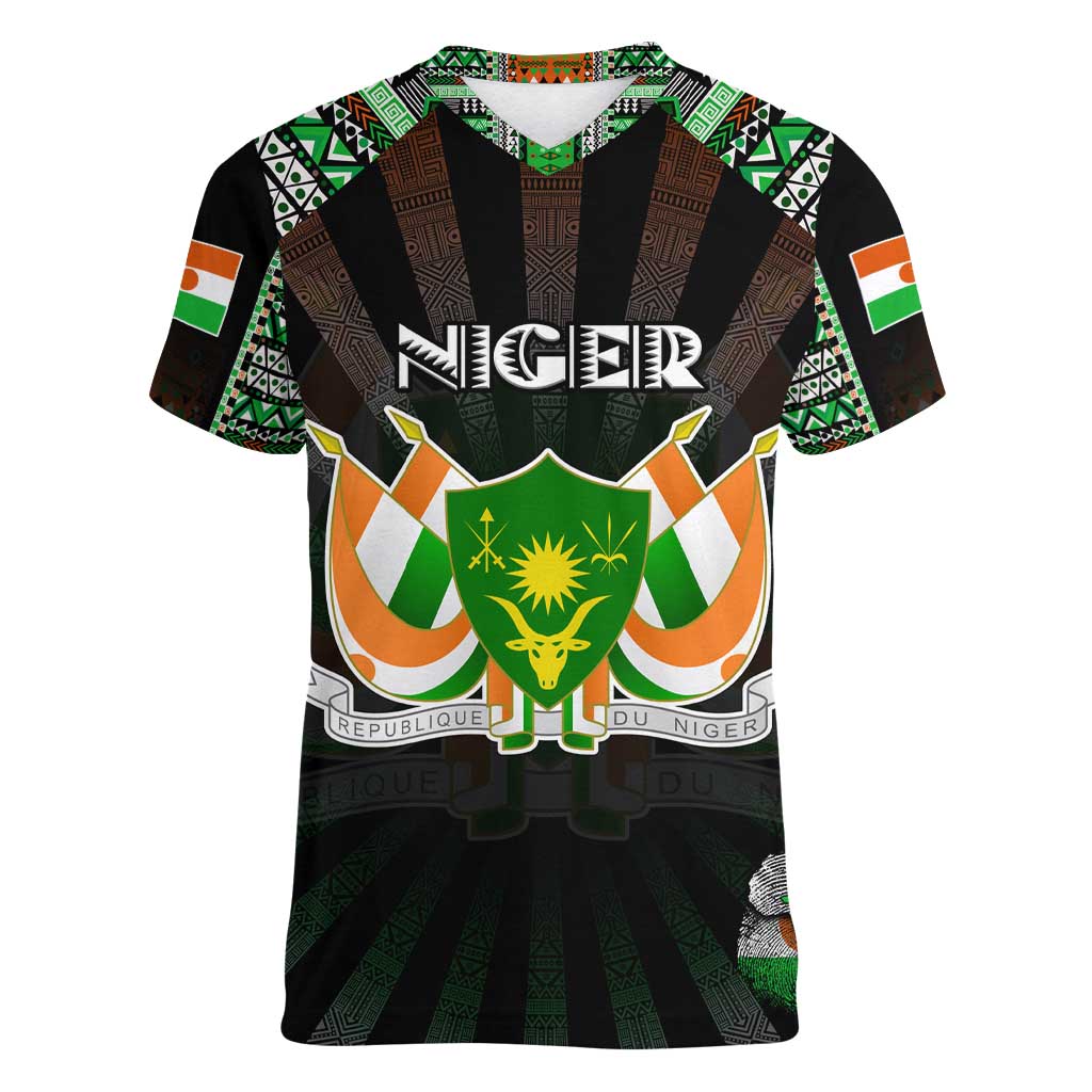 Personalized Niger Roots Women V-Neck T-Shirt African Map in Fingerprint and Tribal Colors