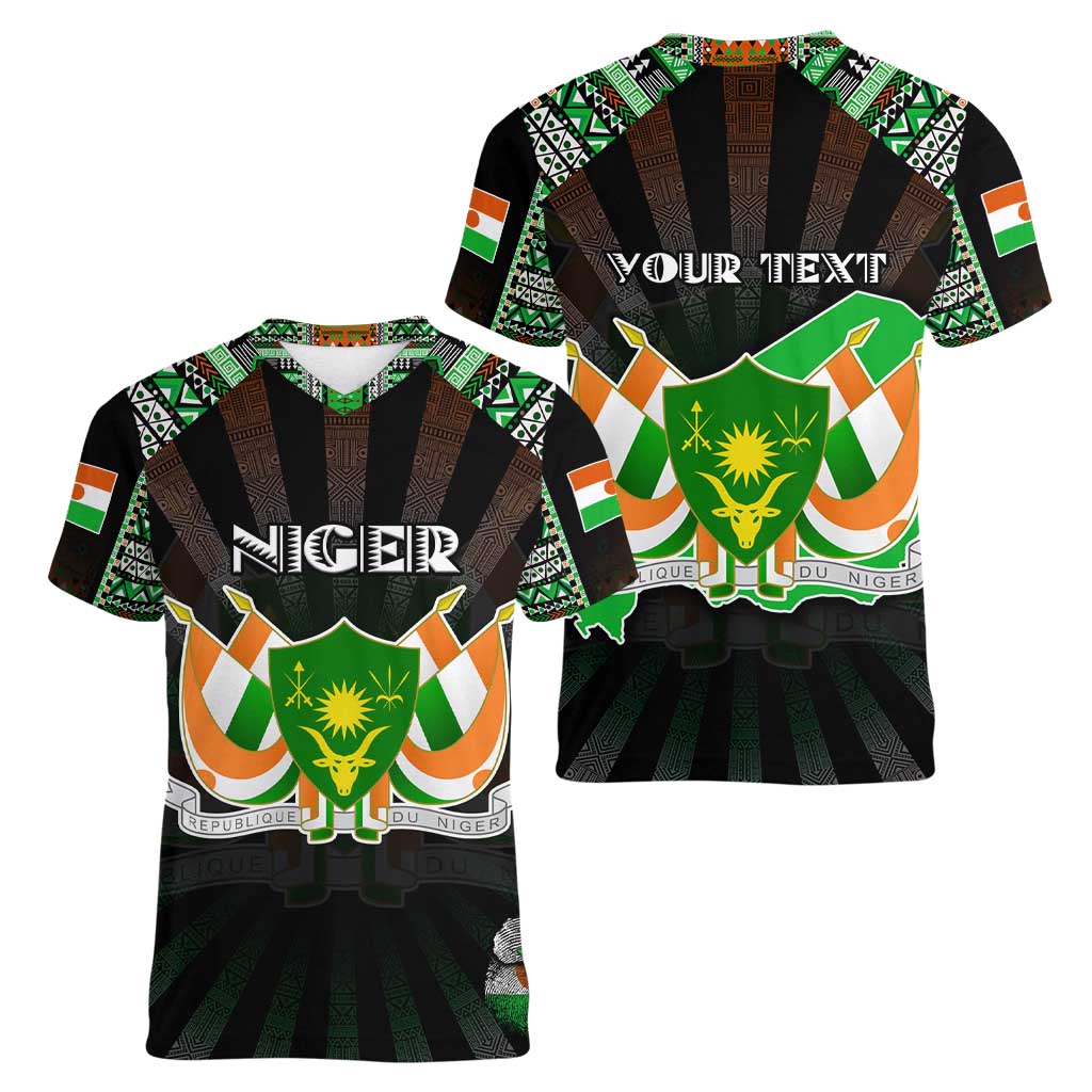 Personalized Niger Roots Women V-Neck T-Shirt African Map in Fingerprint and Tribal Colors