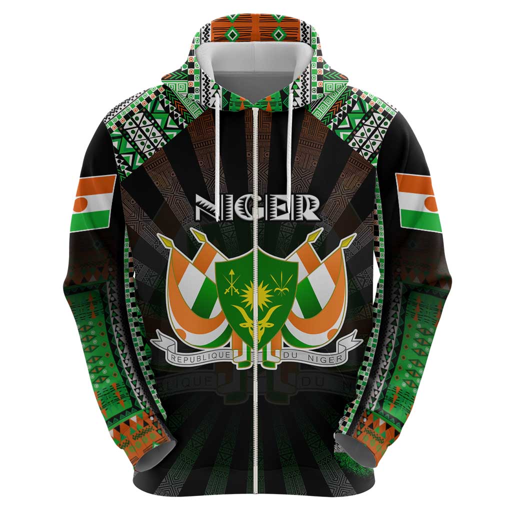 Personalized Niger Roots Zip Hoodie African Map in Fingerprint and Tribal Colors