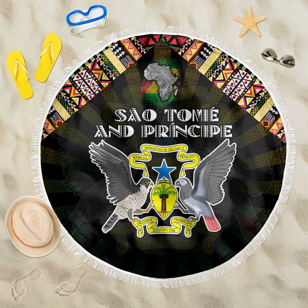 Sao Tome and Principe Roots Beach Blanket African Map in Fingerprint and Tribal Colors