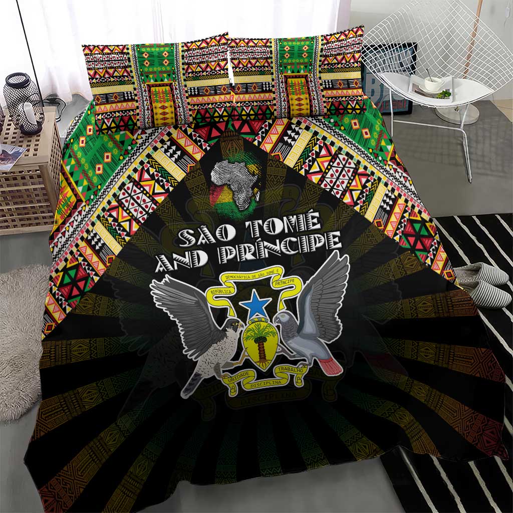 Sao Tome and Principe Roots Bedding Set African Map in Fingerprint and Tribal Colors