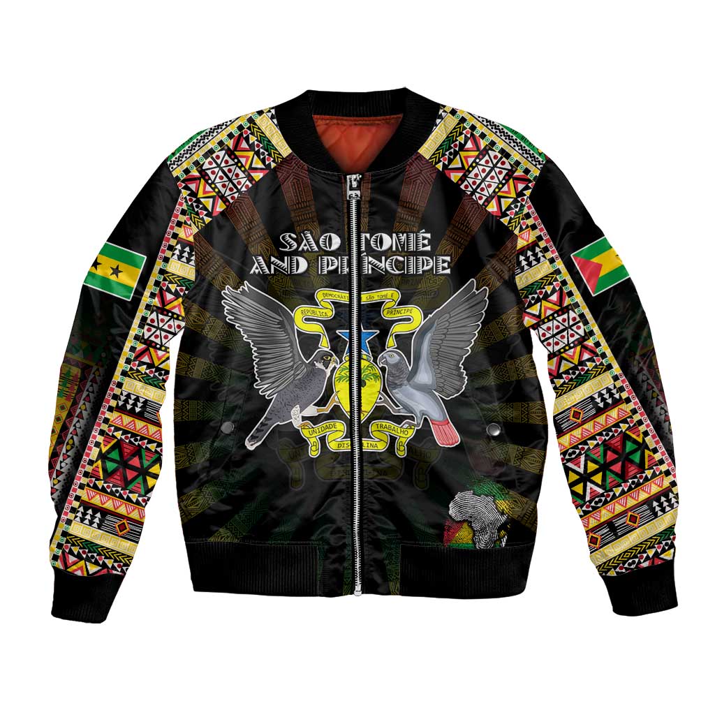 Personalized Sao Tome and Principe Roots Bomber Jacket African Map in Fingerprint and Tribal Colors