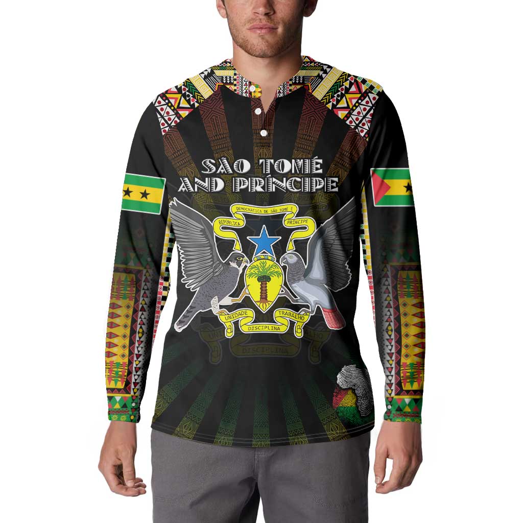 Personalized Sao Tome and Principe Roots Button Sweatshirt African Map in Fingerprint and Tribal Colors