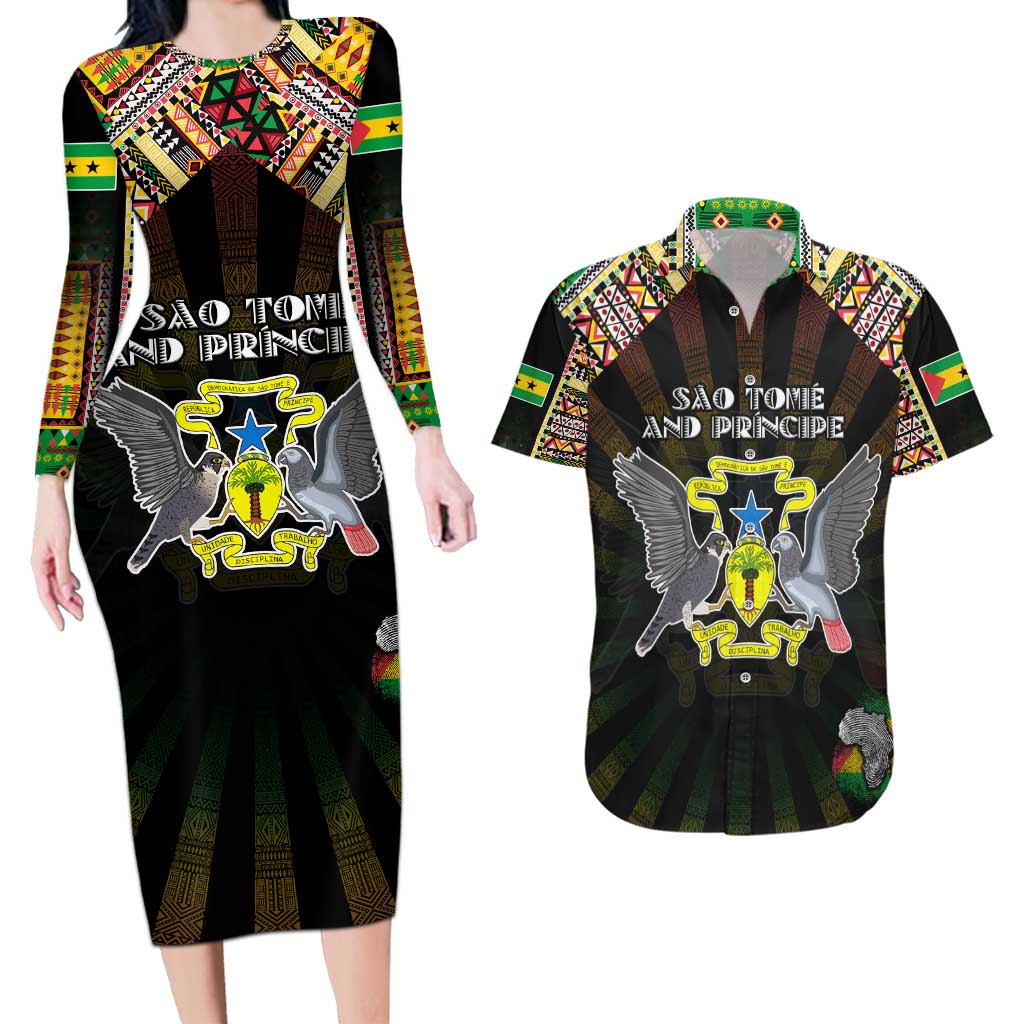 Personalized Sao Tome and Principe Roots Couples Matching Long Sleeve Bodycon Dress and Hawaiian Shirt African Map in Fingerprint and Tribal Colors