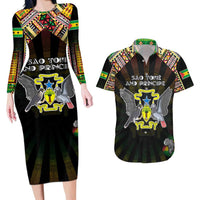 Personalized Sao Tome and Principe Roots Couples Matching Long Sleeve Bodycon Dress and Hawaiian Shirt African Map in Fingerprint and Tribal Colors