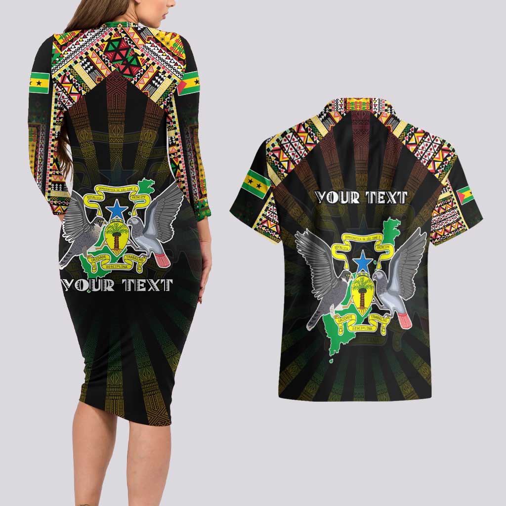 Personalized Sao Tome and Principe Roots Couples Matching Long Sleeve Bodycon Dress and Hawaiian Shirt African Map in Fingerprint and Tribal Colors