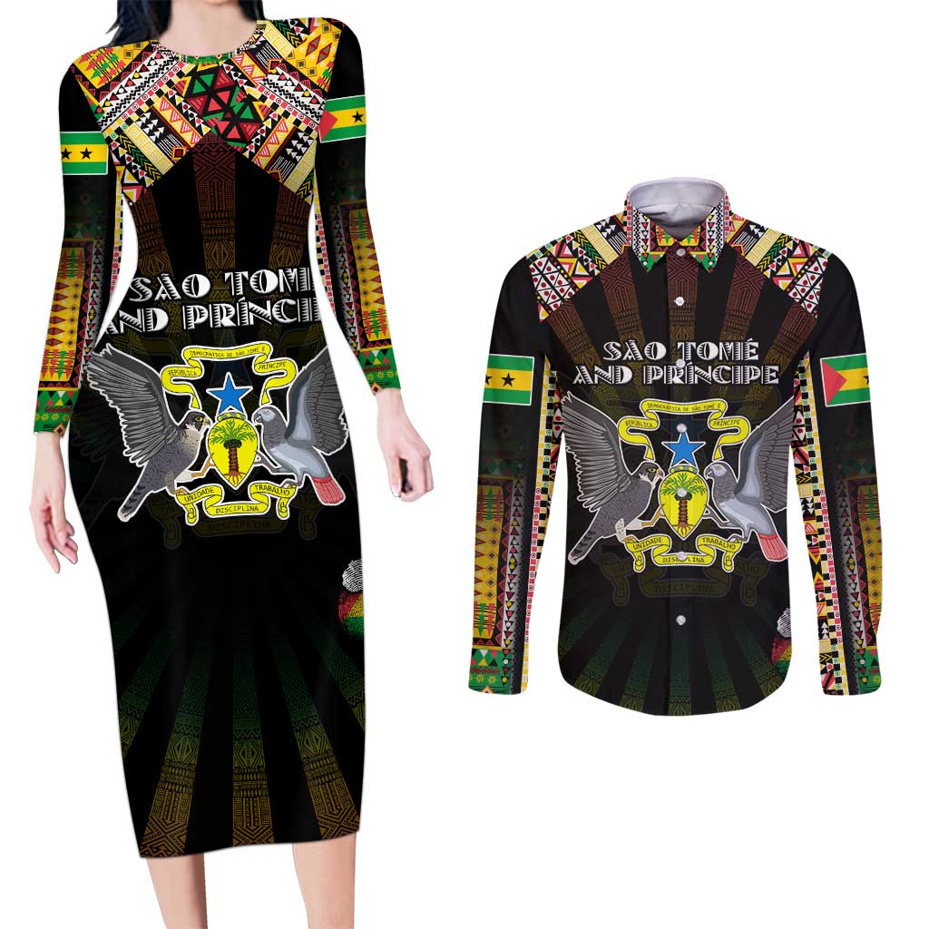 Personalized Sao Tome and Principe Roots Couples Matching Long Sleeve Bodycon Dress and Long Sleeve Button Shirt African Map in Fingerprint and Tribal Colors