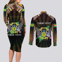 Personalized Sao Tome and Principe Roots Couples Matching Long Sleeve Bodycon Dress and Long Sleeve Button Shirt African Map in Fingerprint and Tribal Colors