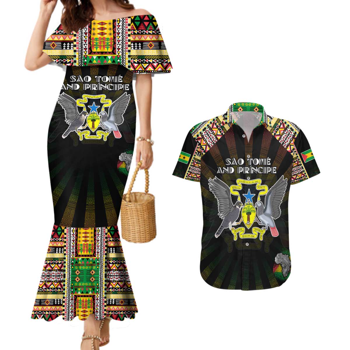 Personalized Sao Tome and Principe Roots Couples Matching Mermaid Dress and Hawaiian Shirt African Map in Fingerprint and Tribal Colors