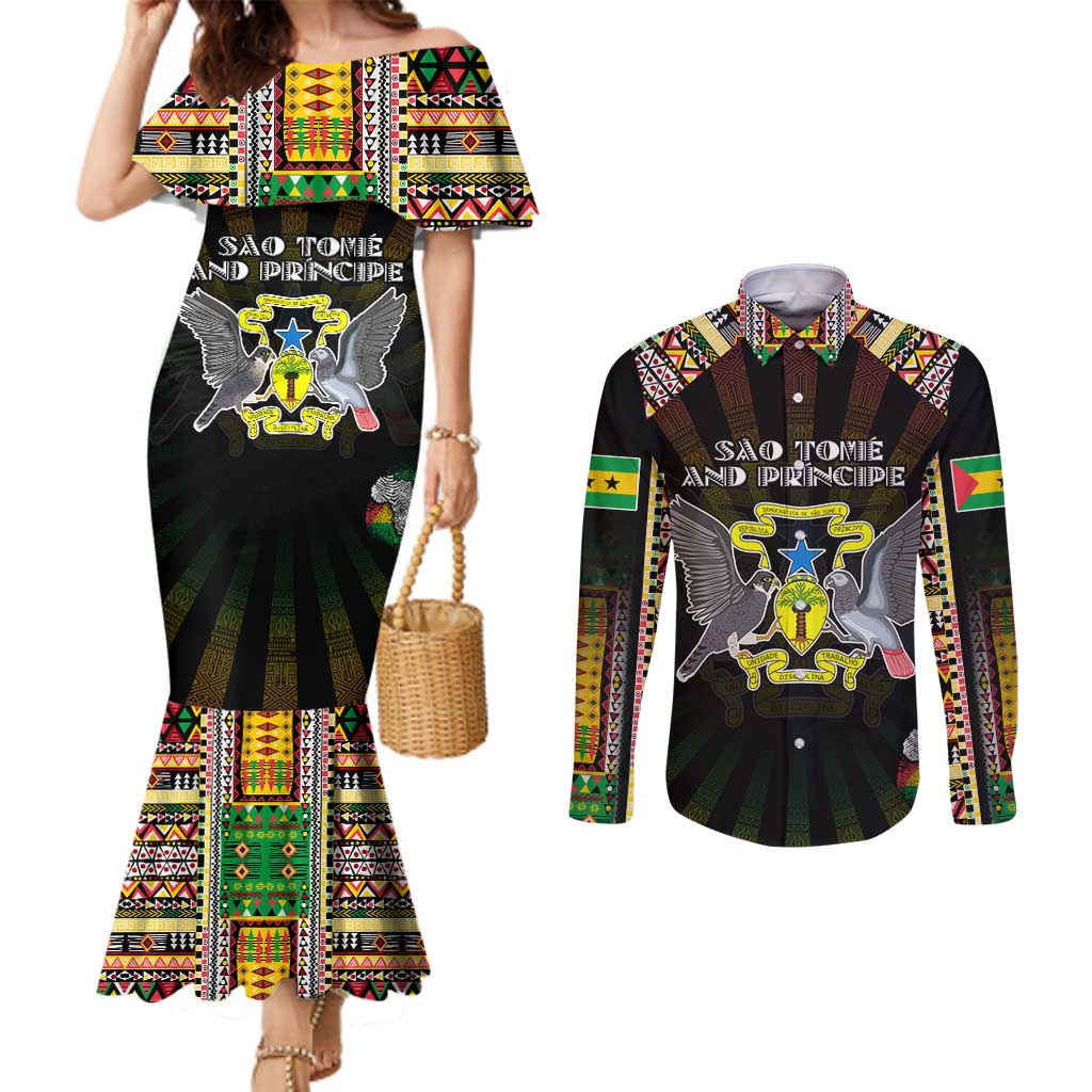 Personalized Sao Tome and Principe Roots Couples Matching Mermaid Dress and Long Sleeve Button Shirt African Map in Fingerprint and Tribal Colors
