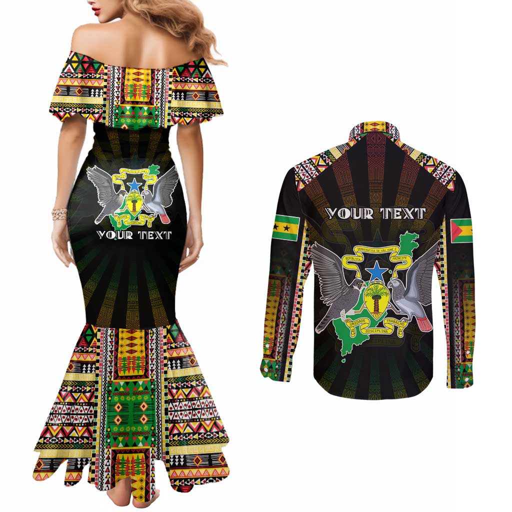Personalized Sao Tome and Principe Roots Couples Matching Mermaid Dress and Long Sleeve Button Shirt African Map in Fingerprint and Tribal Colors